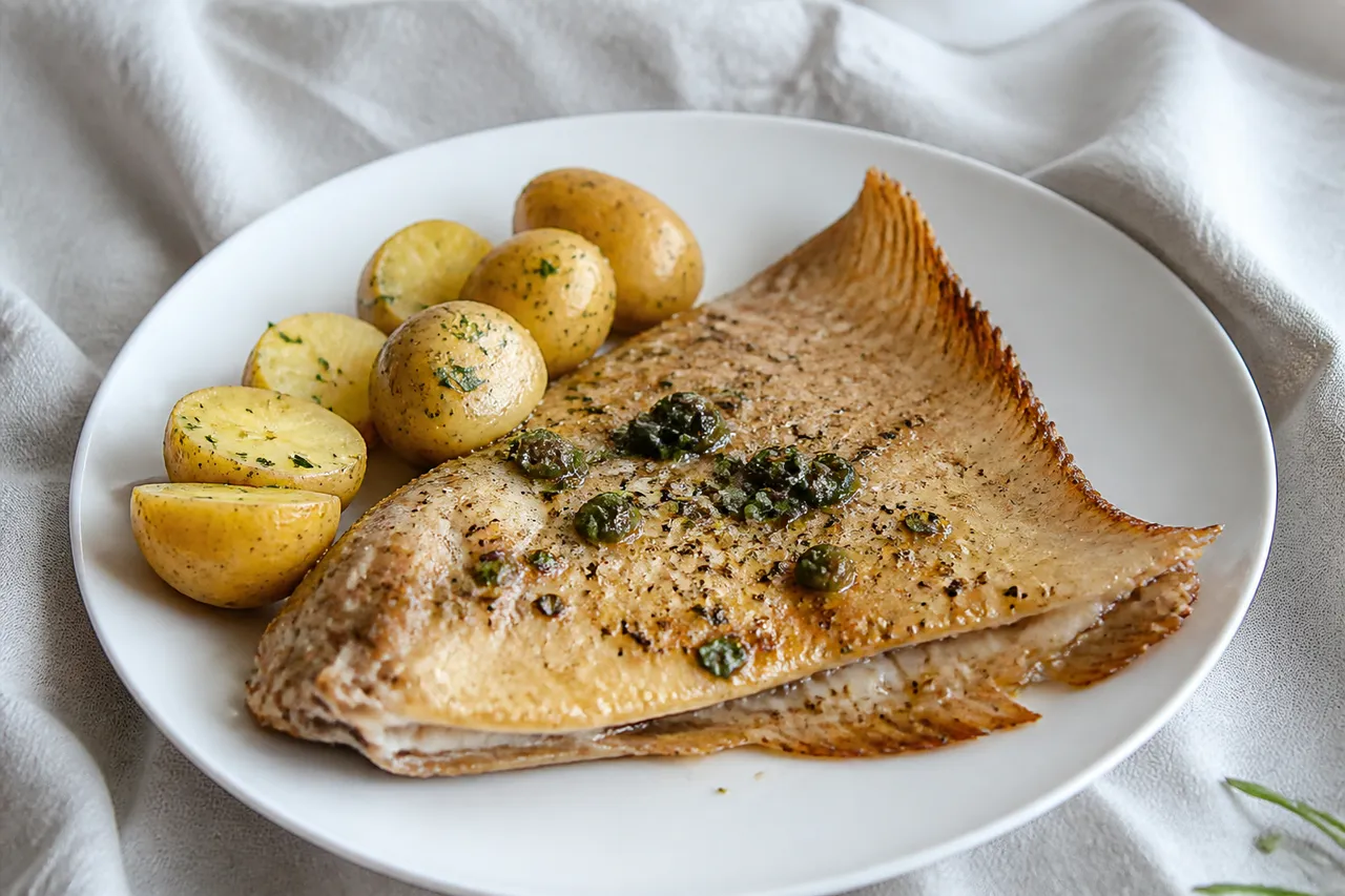 Aile de raie au four avec pommes de terre vapeur