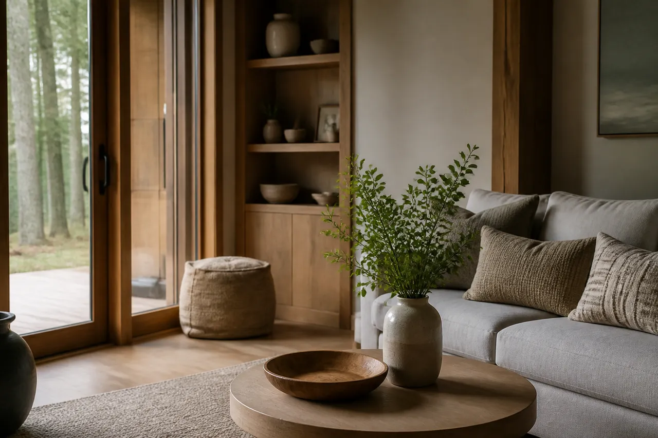 Salon cosy avec déco maison intérieur bois
